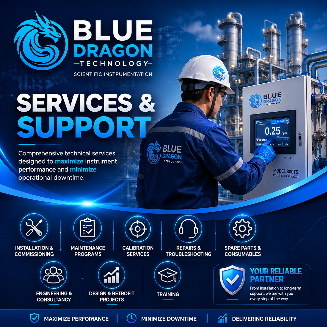 Blue Dragon Technology Services and Support banner showing industrial engineer operating process instrumentation with installation, maintenance, calibration, repairs, spare parts, engineering consultancy, retrofit, and training services